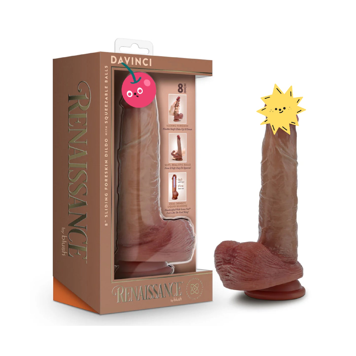 Blush Renaissance - Davinci - 8" Sliding Foreskin Dildo with Squeezable Balls - Tan