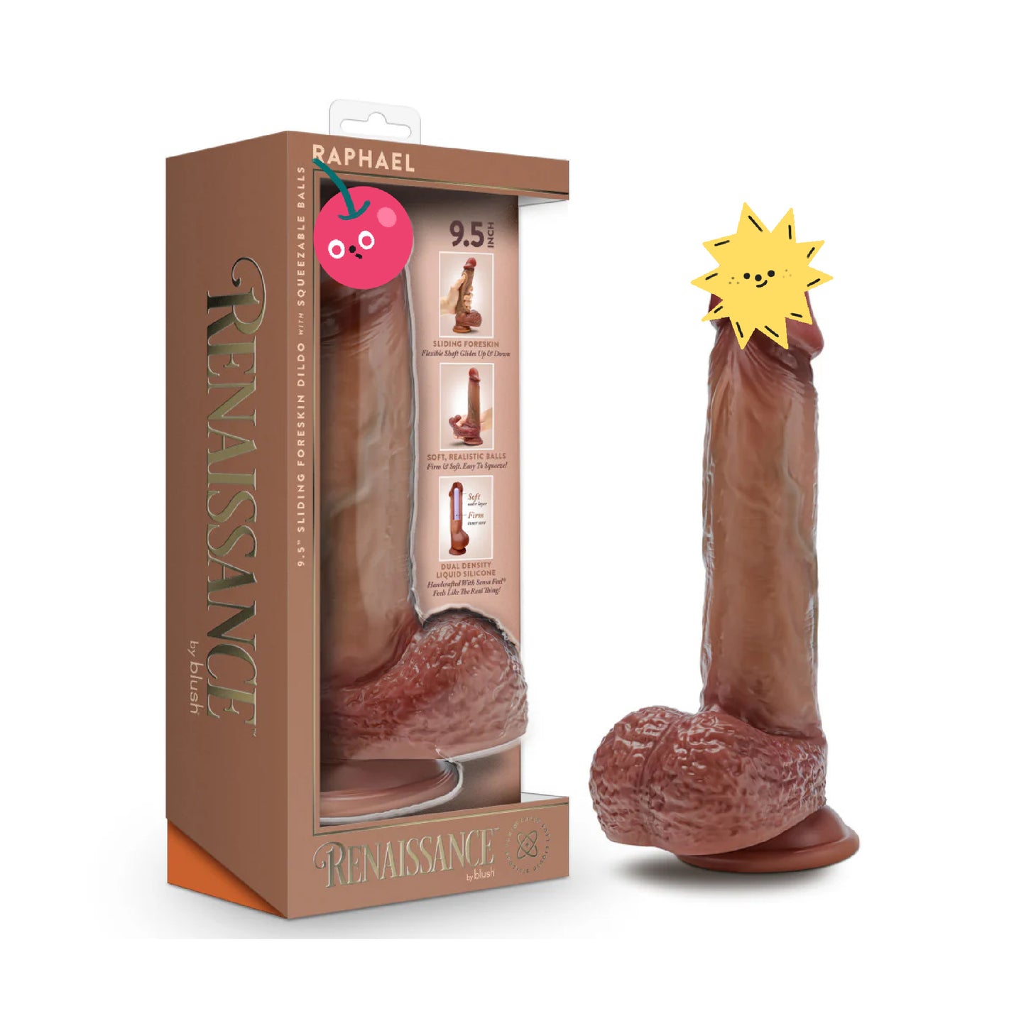 Blush - Renaissance - Raphael 9.5" Dual Density Sliding Foreskin Suction Cup Dildo With Squeezable Balls - Tan